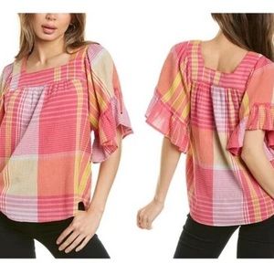 Beach Lunch Lounge Pink Plaid Ruffle Sleeve Top Naomi Top size Extra Small NWT